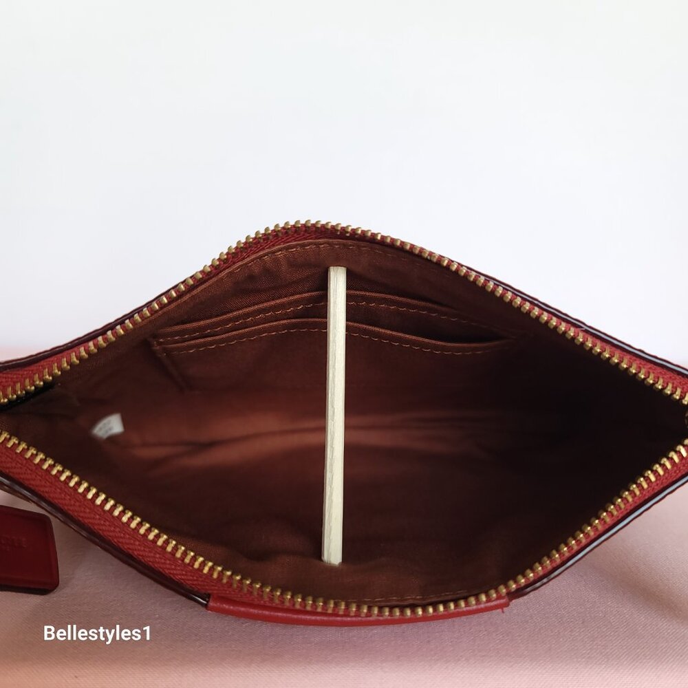 COACH Boxed Small Wristlet in Signature Canvas & Smooth Leather-Tan/Ruby color⭐ - Picture 15 of 16